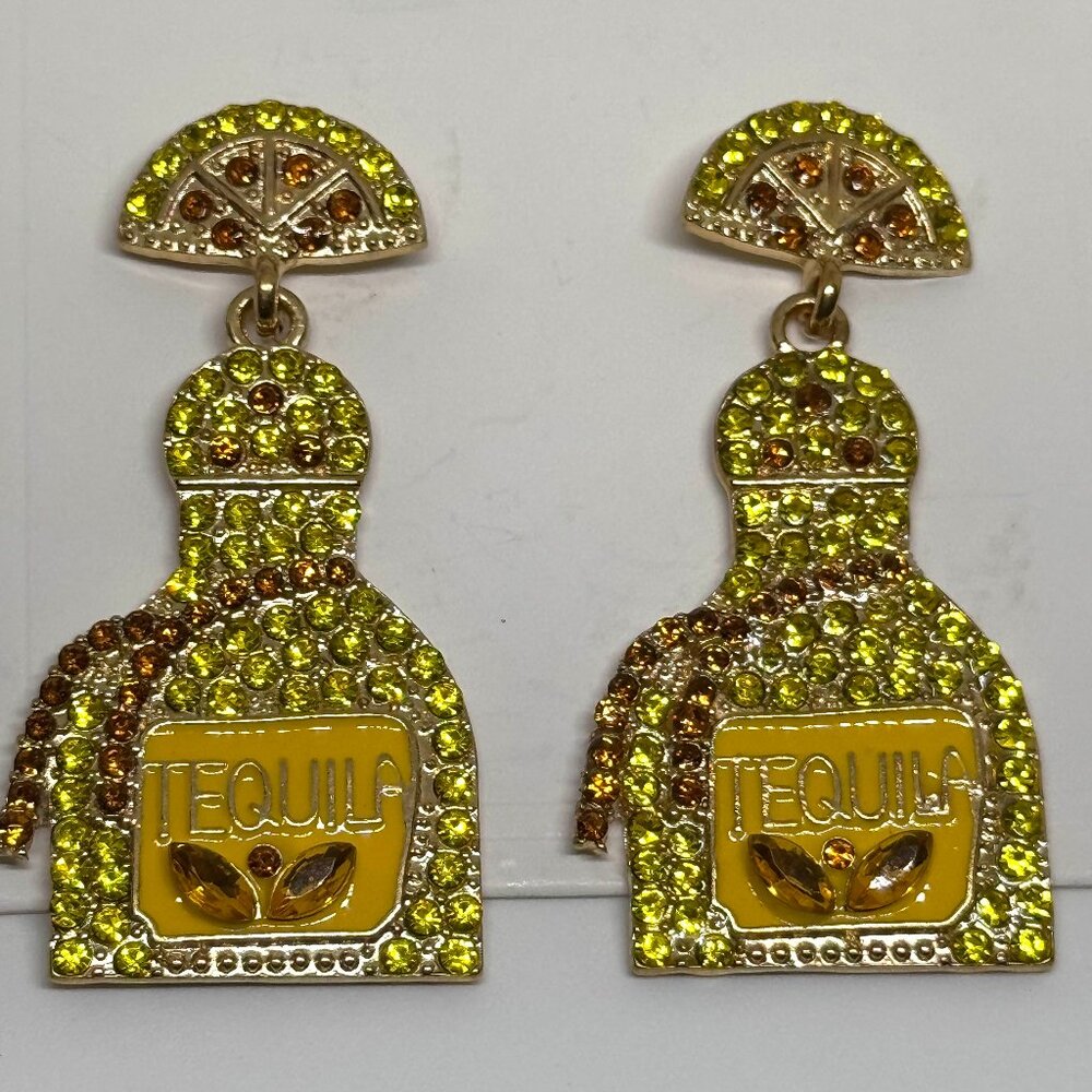 Yellow crystal Tequila bottle earrings, party time, NWOT